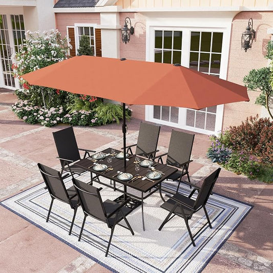 PHI VILLA Outdoor Patio Dining Set with Umbrella for 6, Large Rectangle Patio Table Set with 6 Adjustable Folding Sling Chairs(Black) & Red Patio Umbrella for Outside, Deck and Yard (No Umbrella Base)