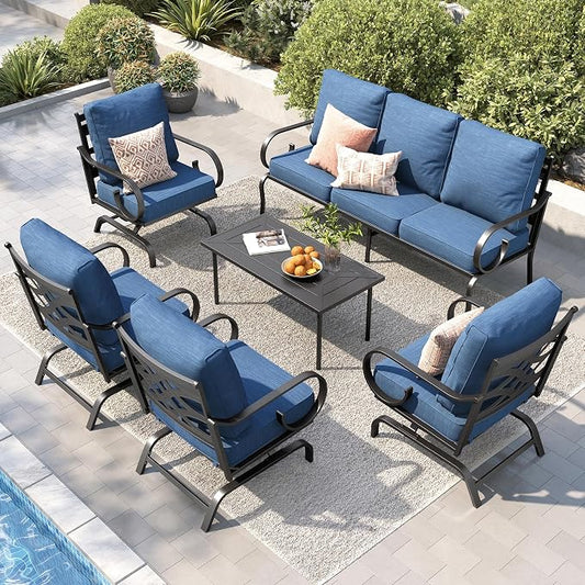 PHI VILLA Patio Furniture Set, 3-Seater Sofa, 4 Rocking Chairs and a Coffee Table, Outdoor Metal Conversation Set with 5.75" Extra Thick Cushion for Garden Backyard Deck, Navy
