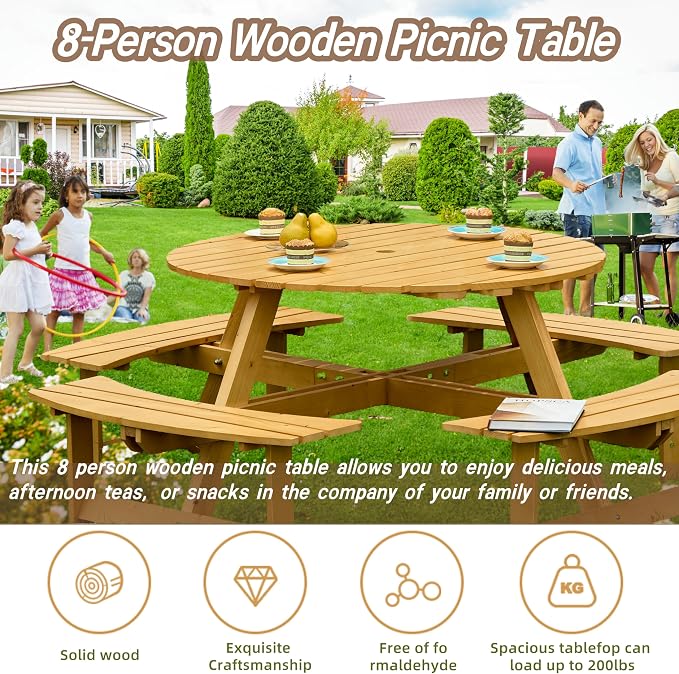 8-Person Outdoor Picnic Round Table with Built-in Benches | All-Weather Wooden Patio Furniture for Gardens, Backyards and Porches | Includes 2" Umbrella Hole (Natural, 70.08"*70.08"*27.17")