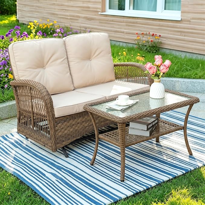 MEETWARM Outdoor Wicker Patio Glider Set, Loveseat for 2 Person Porch Furniture Glider with Glass-Top Coffee Table, Patio Glider Rocking Bench with Thickened Cushions, Brown