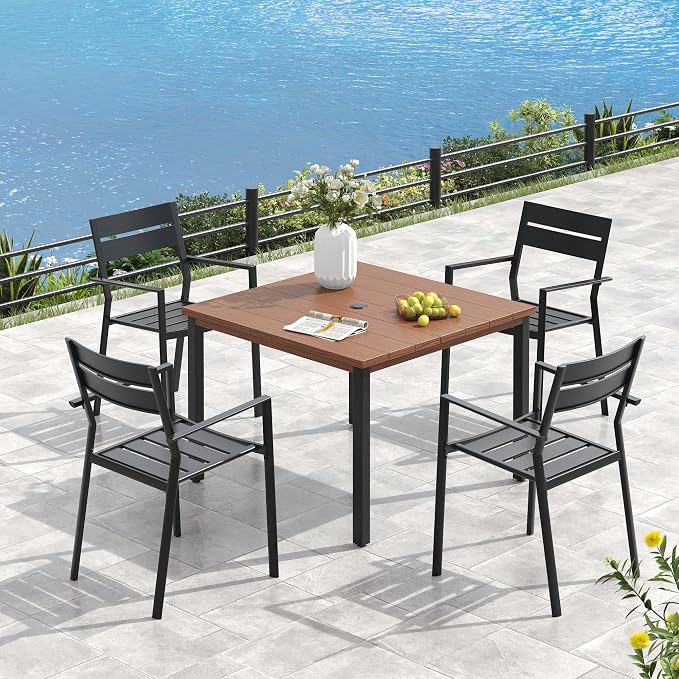 VICLLAX Square Patio Dining Table for 4, Outdoor Patio Table with Umbrella Hole for Garden Lawn Deck Backyard, Walnut Tabletop