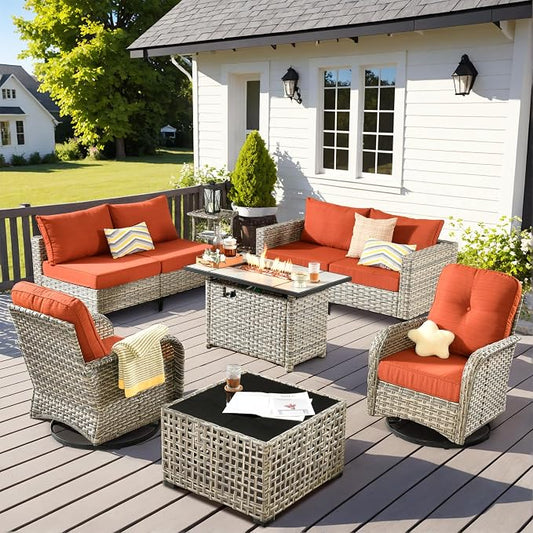 Outdoor Patio Furniture Sets,9 PCS Patio Conversation Set Outside Rattan Sectional Sofa with 42 in Square Fire Pit Table Wicker Rocking Chair Coffee Table Fit Backyard Garden Poolside Balcony