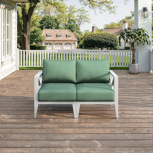 Aluminum Patio Furniture Set, Modern Outdoor Patio Conversation Sets with Ergonomic Loveseat, 6" Thick Washable Cushions for Balcony, Porch, Backyard,White