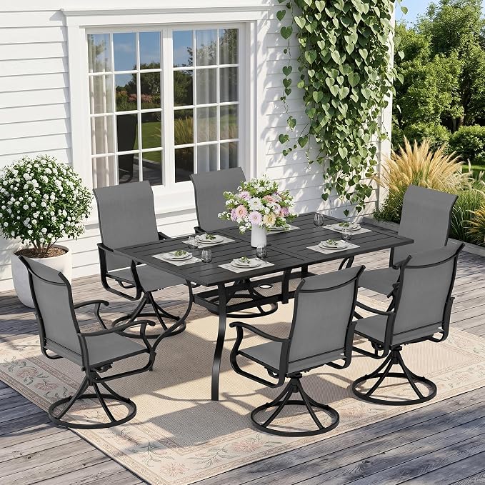 Crownland 7 Piece Furniture Patio Dining Set, 6 Swivel Metal Chairs and Rectangular Outdoor Dining Table with 1.57" Umbrella Hole, Outdoor Furniture Dining Set for Lawn, Backyard, Garden(Grey)