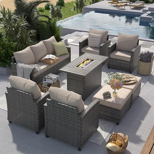 UDPATIO Patio Furniture Set with 44" Fire Pit Table, 8 Pieces Outdoor Sectional Conversation Sets, All-Weather Wicker Rattan Sofa Ottoman with 4" Thick Cushion for Garden Backyard Deck, Khaki