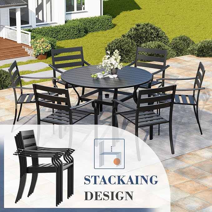 HOMREST 7 Piece Outdoor Patio Dining Set for 6, 48" Round Metal Table with Umbrella Hole and Storage Shelf, Stackable Wrought Iron Chairs, Large Patio Furniture Set for Deck/Backyard/Poolside/Garden