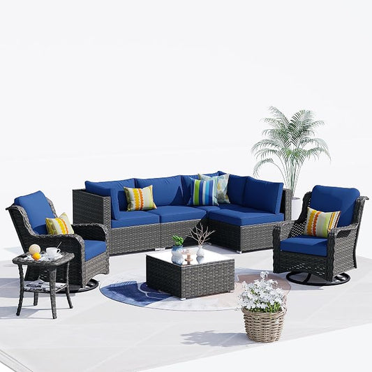 HOOOWOOO Patio Outdoor Sectional Furniture Sofa Set with Swivel Chairs,8 Pieces L Shaped Corner Wicker Rattan Couch Set with Glass Table,Modern 6 Persons Summer Patio Conversation Set(Navy Blue)