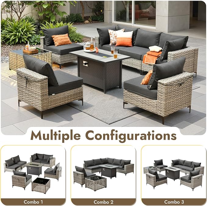 8 Pieces Patio Furniture Set with 42" Fire Pit, All-Weather Rattan Outdoor Sectional Conversation Sets L Shaped Sofas with Solar Light Coffee Table for Porch Balcony Backyard Black