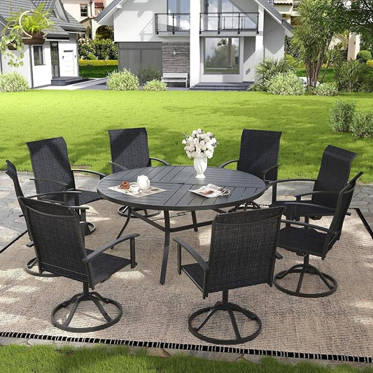 VICLLAX 9 Pieces Patio Outdoor Dining Set, 8 Swivel Textilene Chairs and 60" Round Metal Table with Umbrella Hole for Porch, Deck, Garden, Black