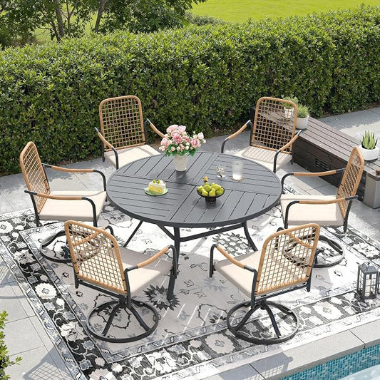DIFY 7 Pieces Outdoor Dining Set, Metal Patio Table and Chairs Set for 6, 50" Round Dining Table with Umbrella Hole & Wicker Swivel Patio Chairs with Cushions, Grey Tabletop