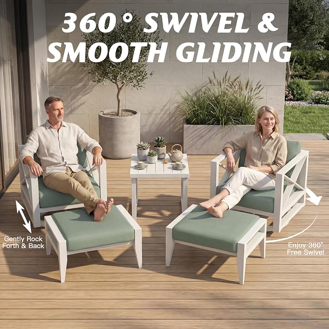 5-Pieces Square Aluminum Patio Furniture Set, Outdoor Swivel Rocking Chairs with 5.2" Thick Cushions & 2 Ottomans, All-Weather Rust-Resistant Frame Conversation Set for Porch, Garden, Backyard, White