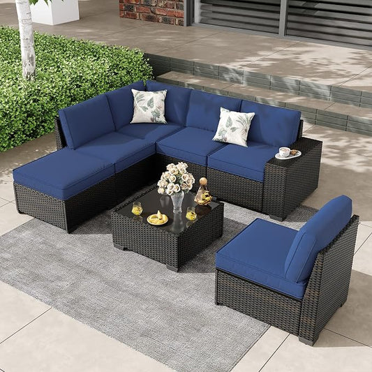 7 Pieces Outdoor Patio Furniture Set, Wicker Conversation Sets with Tea Table, Rattan Patio Sofa with Thick Cushions for Garden, Backyard Porch, Poolside,Navy
