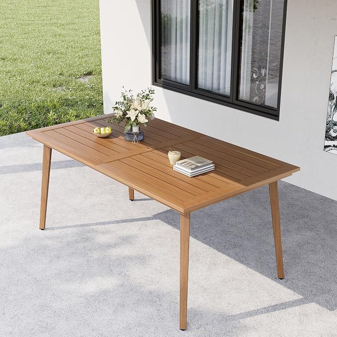 HAPPATIO Outdoor Dining Table for 6, Rectangular Aluminum Patio Table with Umbrella Hole, 6-Person Rustproof Wood-Like Table for Lawn Garden Backyard