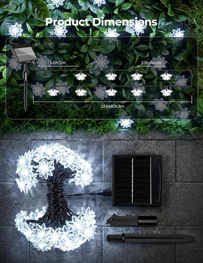 Brightown 50 LED Flower Solar String Lights Outdoor Waterproof, White | Solar Powered Fairy Lights with 8 Modes for Garden Yard Fence Patio Christmas Balcony Holiday Party Decor