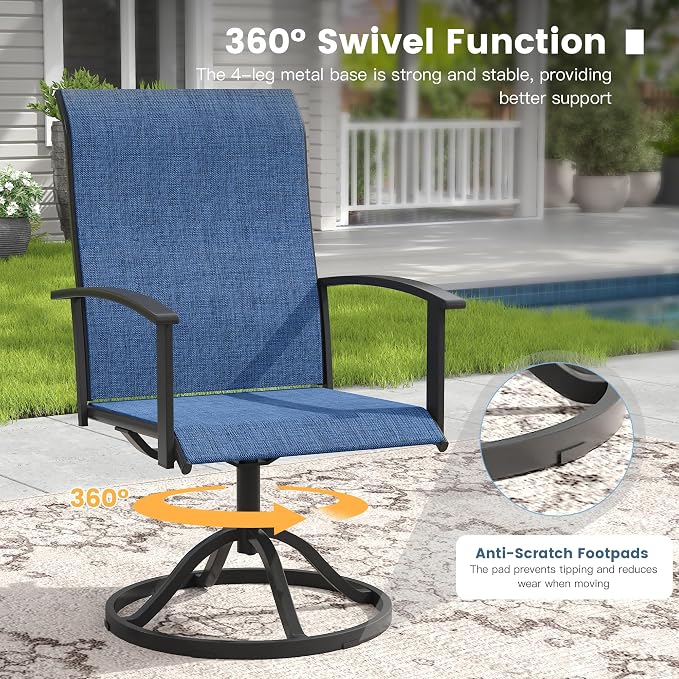 DIFY 7 Pieces Outdoor Dining Set for 6, 50" Black Round Metal Table with Umbrella Hole and Blue Textilene Swivel Patio Chairs, Patio Table and Chairs Set for Garden, Backyard, Poolside