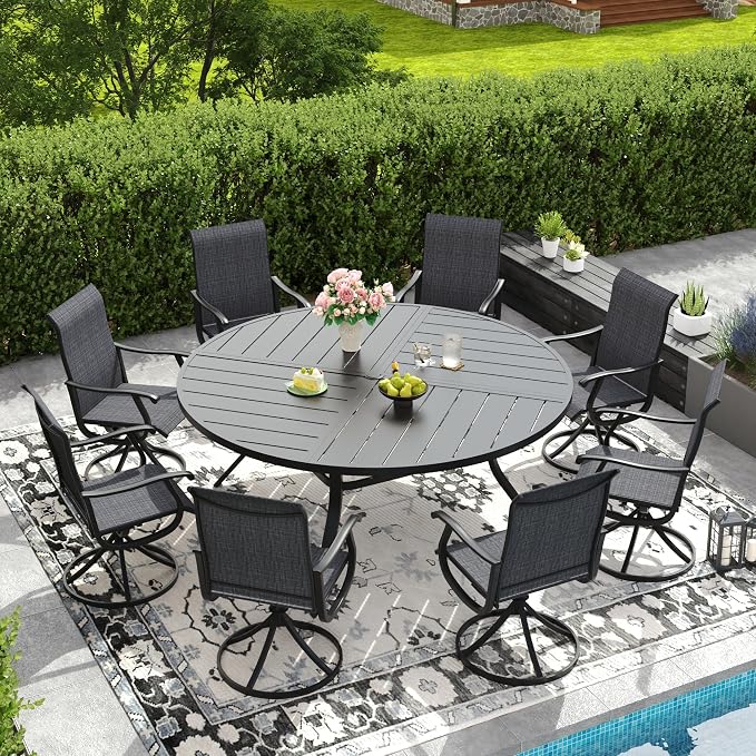 DIFY 63" Round Outdoor Patio Dining Table for 8-10, All-Weather Metal Steel Slatted Patio Table with 1.57" Adjustable Umbrella Hole for Garden, Backyard, Deck, Black