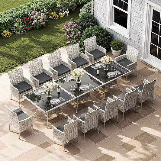 15-Piece Patio Dining Set with Square Tempered Glass Table Patio Furniture Set with 12 Wicker Chairs, Expandable Design for Larger Groups, Outdoor Furniture for Backyard, Deck, Garden, Dark Grey