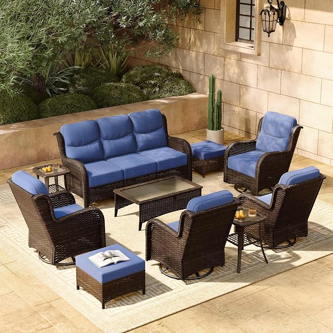 HILLGA 10-Piece Luxury Patio Furniture Set with 6" Thick Cushions, Weather-Resistant Wicker High Back Swivel Rocker Chairs, Senior-Friendly Outdoor Sofa Set for Large Deck, Yard and Poolside, Blue(V2)