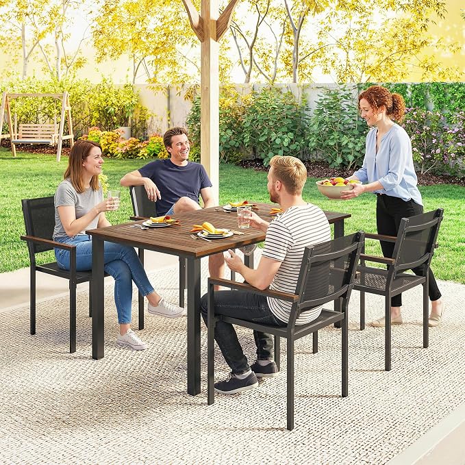 Outsunny 5 Piece Outdoor Dining Set, Outdoor Table and Chairs for 4, 59" Rectangular Acacia Wood Tabletop and 352 LBS Mesh Stackable Chairs, Patio Set for Garden, Backyard, Deck, Teak