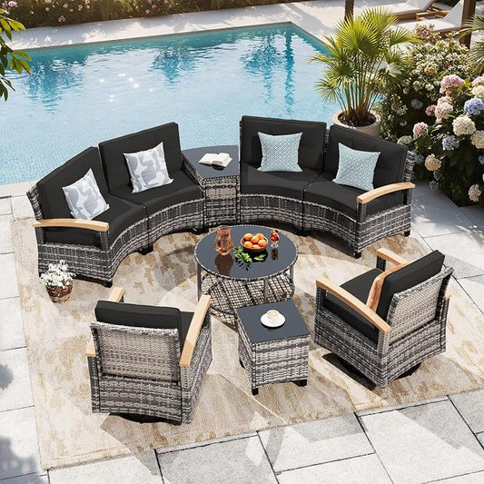 MEISSALIVVE 9-Piece Half-Moon Curved Outdoor Patio Furniture Set, Sectional Conversation Sofa with 2 Swivel Glider Chairs, Coffee & Side Tables for Backyard Deck Garden, Black