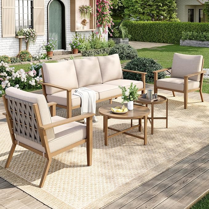 MIXPATIO 5-Piece Outdoor Patio Furniture Set, Steel Sectional Patio Conversation Sets, All-Weather Outdoor Furniture Sets with Waterproof Thick Cushions for Porch, Garden, Backyard, Deck-Beige