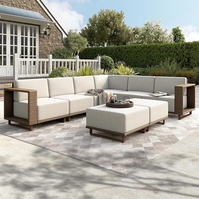 HERA'S HOUSE Patio Sectional Furniture Set, 8 Pieces Outdoor Yellow Rattan Wicker Sofas, Modular Deep Seating Conversation Set with 10" Thick Cushion, Low Profile Deck Yard Lawn Furniture