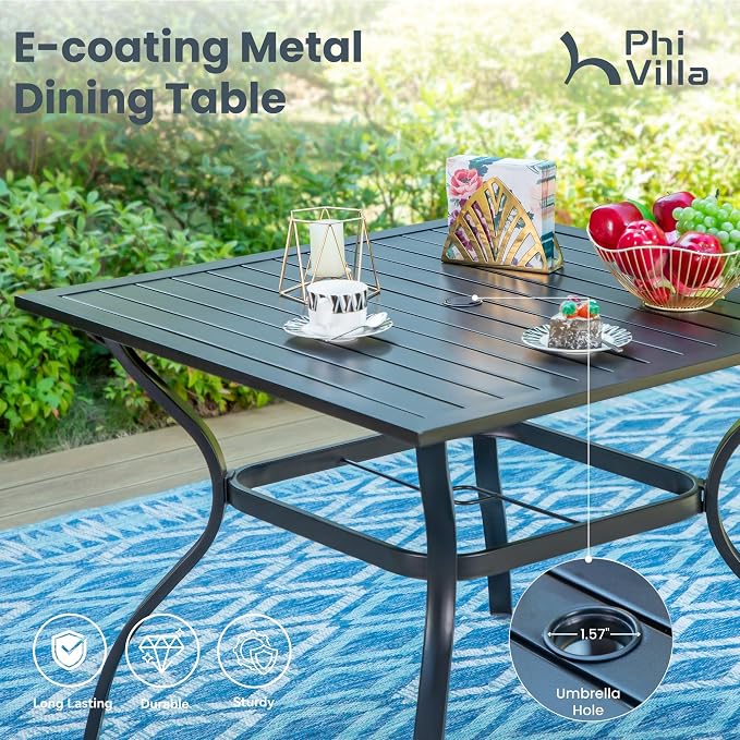 PHI VILLA 5 Pcs Patio Dining Set for 4, Swivel Mesh Chairs, Brown | 4 textilene dining chairs. 37" metal square table with umbrella hole, all weather E-coated metal frame for outdoor deck lawn