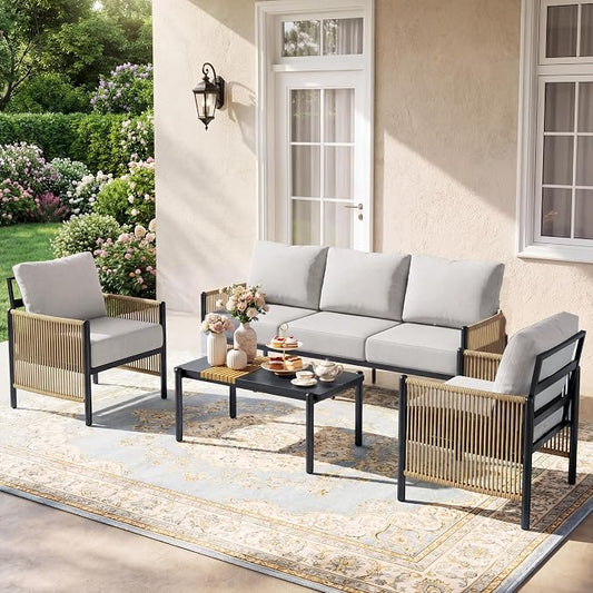 Aluminum Outdoor Patio Furniture Set, 5 Seats Outdoor Sectional with Coffee Table, Patio Conversation Sets with Washable Thick Cushions and Waterproof Cover for Backyard/Garden /Poolside, Silver Gray