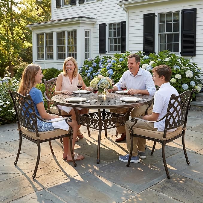 5 Piece Outdoor Dining Set Cast Aluminum, Retro Patio Dining Furniture Set for 4 Includes 54’’ Round Table 4 Chairs with Thicker Cushion and Umbrella Hole for Patio Deck Garden