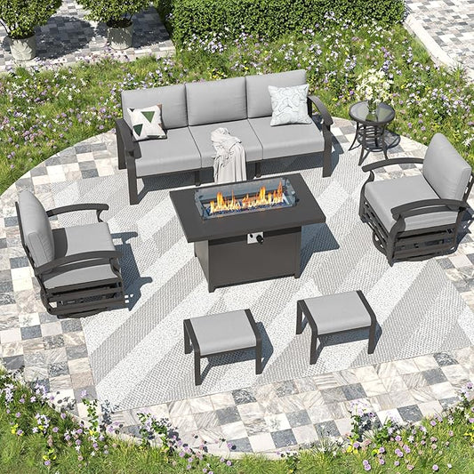 Kullavik Aluminum Patio Furniture Set,7 Piece Modern Metal Outdoor Patio Furniture w/5.1'' Thick Cushion,Swivel Chairs,Ottomans and Propane Fire Pit Table,Patio Conversation Sets for Porch,Deck,Grey