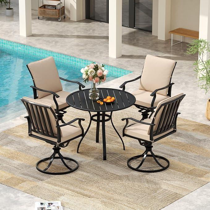 Outdoor Patio Dining Set, Outdoor Furniture Dining Set for Patio, Balcony, Lawn, Garden, Backyard (Khaki, 1 Round Table+4 Swivel Dining Chairs)