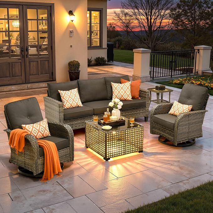 ovios 5 Pieces Patio Furniture Set, Outdoor Wicker Sofa Couch with Swivel Glider Chairs Solar Lights Table, Modern Deep Seat Rattan Conversation Sets for Deck Porch, Black
