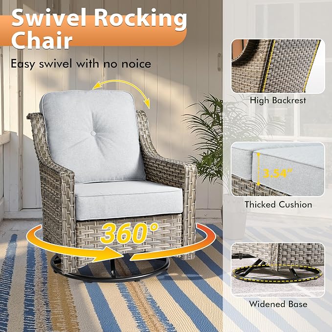 10 PCS Outdoor Patio Furniture Sets, Patio Conversation Sets Outside Rattan Soft Cushion Sofa with 4 Wicker Rocking Chairs & 54 in Fire Pit Table Fit Backyard Porch Garden Poolside Balcony,Light Grey