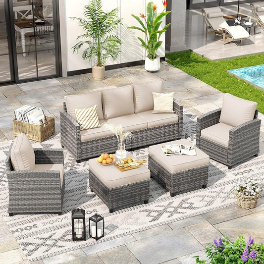Outdoor Furniture Set, 5 Pcs Wicker Patio Couch with Chairs, Ottomans and Thick Cushions, All Weather Wicker Rattan Patio Conversation Set,Khaki