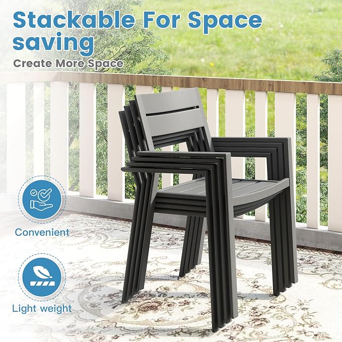 DIFY 5 Piece Outdoor Patio Dining Set for 4, Patio Table and Chairs Set with Umbrella Hole, 40.6" Round Dining Table and Stackable Metal Chairs for Backyard Garden Poolside, Grey Wood-Like & Grey
