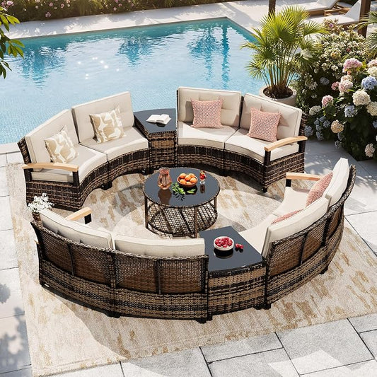 MEISSALIVVE 11-Piece Half-Moon Curved Outdoor Patio Furniture Set, Sectional Conversation Sofa with Wood Armrests, Coffee & Side Tables for Backyard Deck Garden, Beige