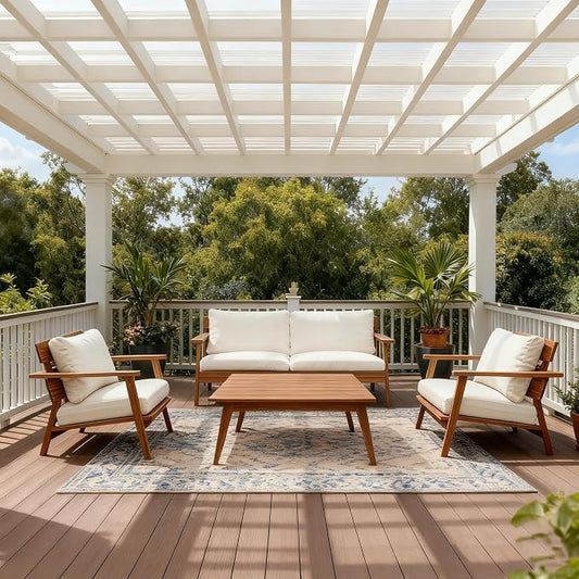 KLMM 4-Piece Mid-Century Modern Acacia Wood Patio Seating Set,Outdoor Conversation Set with Loveseat,Club Chairs & Slatted Coffee Table,for Garden Backyard Poolside (Teak+ Beige-MC)