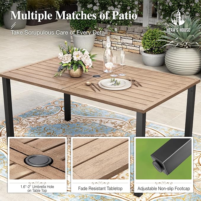 HERA'S HOUSE 7pc Patio Dining Set, Outdoor Wood-Like Metal Table & 6 Chairs | Red textilene chairs + 60" rectangle table with umbrella hole. Waterproof, rust-resistant, all-weather for deck, garden