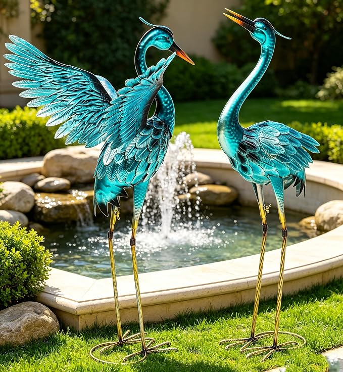 36.8" Metal Crane Garden Statue, Oversized Heron Yard Decor | Handcrafted with 3DTexture, Hand-Painted, U-ground Stakes for Stability, Weather Resistant Iron, Backyard Lawn Pond Patio