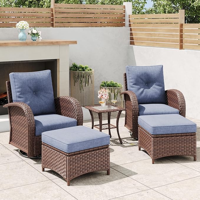 5 Pieces Outdoor Wicker Patio Swivel Rocking Chairs, All Weather Wicker Conversation Set with Side Table