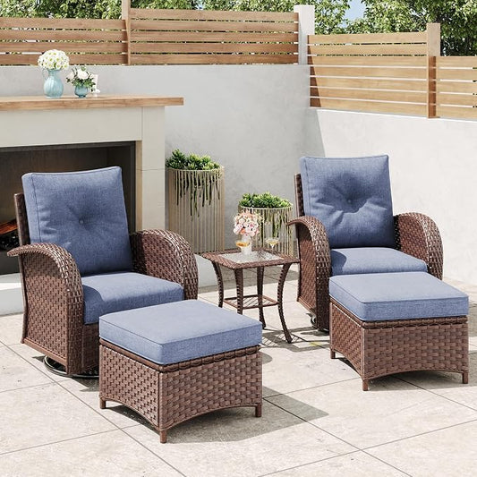 5 Pieces Outdoor Wicker Patio Swivel Rocking Chairs, All Weather Wicker Conversation Set with Side Table