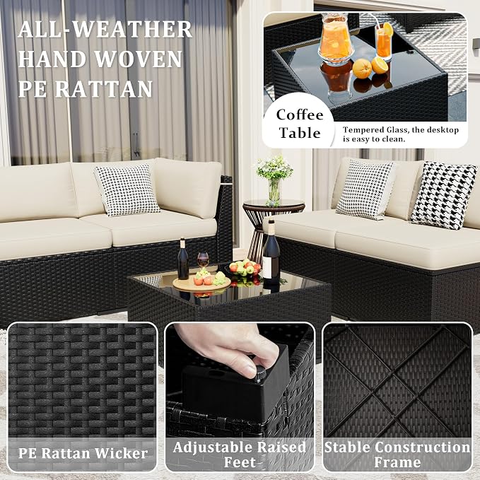 8 Pieces Outdoor Patio Furniture Set with 44" Fire Pit Table Black Rattan Sectional Conversation Sets w/Gas Fire Pit, Coffee Table, Khaki
