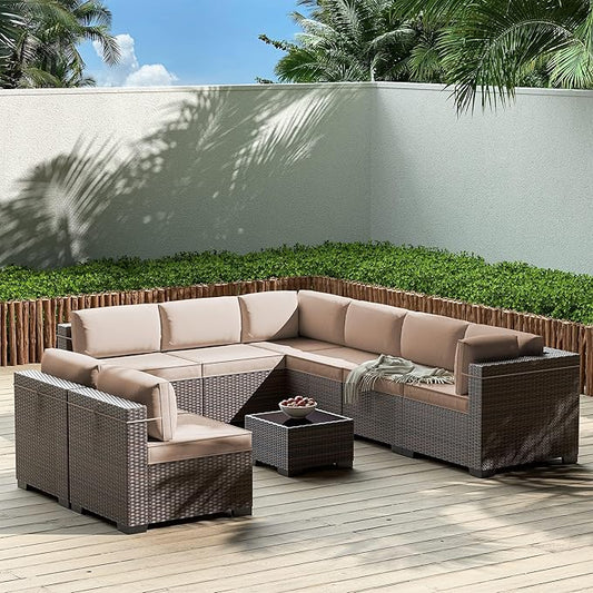 Gotland 9 Pieces Patio Furniture Set with 29.5'' High Backrest, All Weather PE Wicker Outdoor Furniture with 4’’ Thickened Cushions Coffee Table, Patio Set for Deck, Garden, Backyard, Khaki
