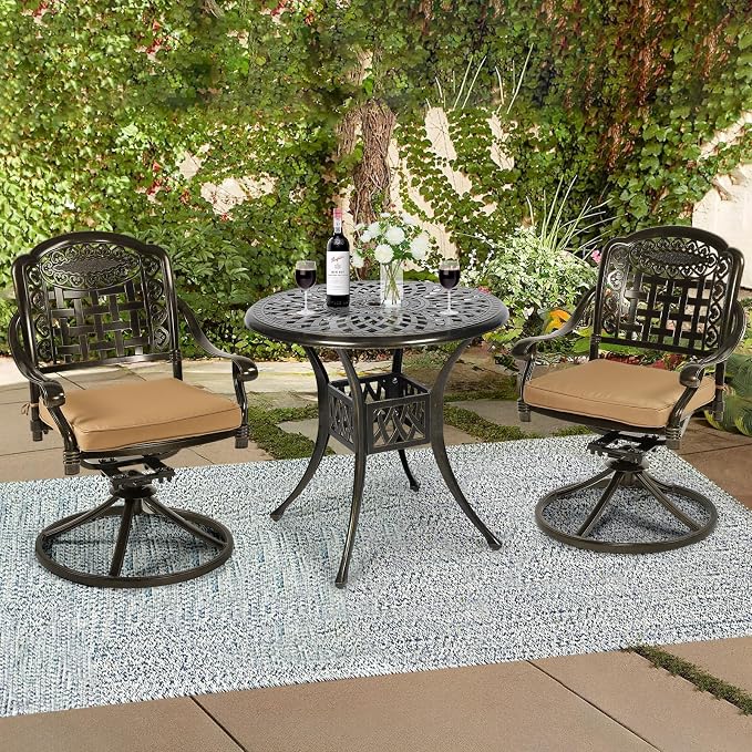3-Piece Outdoor Patio Dining Set, All-Weather Cast Aluminum Patio Furniture Set for Backyard Garden Deck with 2 Swivel Cushioned Chairs and 31” Round Table, 2" Umbrella Hole, Khaki