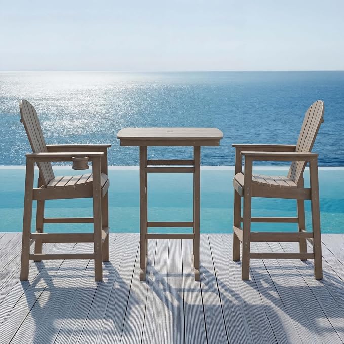 WILLIAMSPACE Height Patio Bar Table Set of 3, Outdoor Square Bar Table with Umbrella Hole, 2 Bar Stools with Cup Holders, 3-Piece All-Weather Outdoor Bistro Set for Kitchen Outside (Antique Oak)