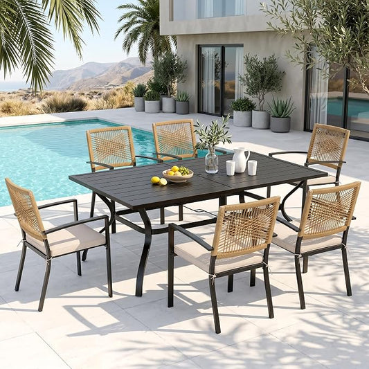 PHI VILLA Outdoor Dining Set for 4, 60" Rectangular Table, Wicker Chairs | Outdoor Dining Set for 6, Rectangular Patio Dining Table Set with Patio Wicker Chairs for Garden, Porch, Deck
