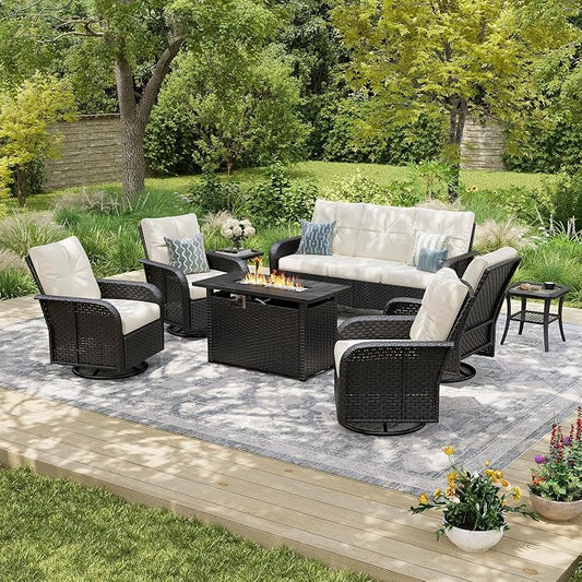Aoxun Luxury 8-Piece Patio Furniture Set with 44'' Fire Pit Table, Wicker Rattan Sofa with Thick Cushion, Outdoor Conversation Set for Backyard, Poolside & Garden, Black/Beige