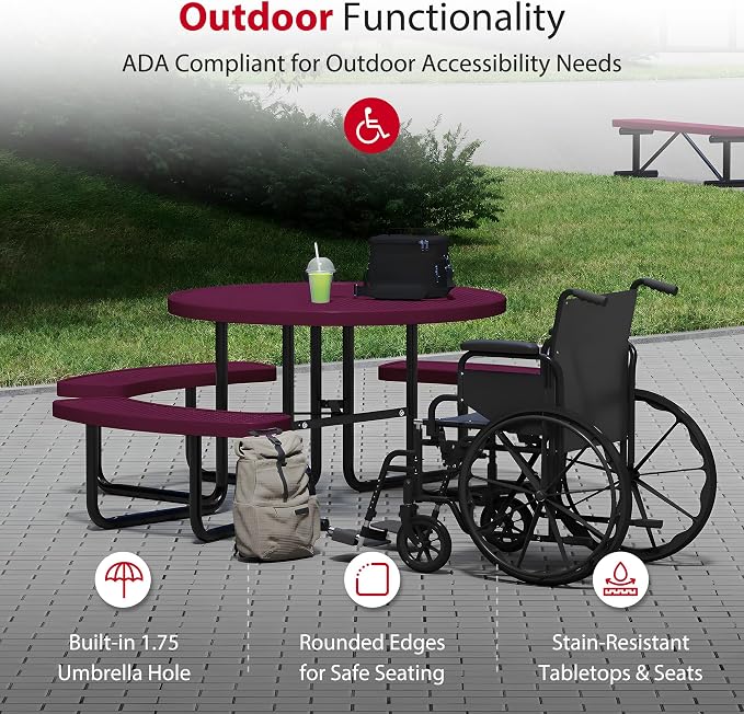 Leisure Craft Metal Picnic Table with Bench - 46" Round Outdoor Dining Table with Umbrella Hole, Heavy Duty Thermoplastic Coating, ADA Compliant, Commercial Grade Furniture Made in USA - Burgundy