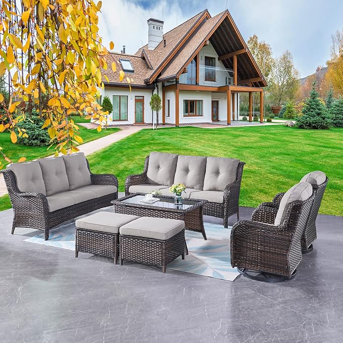 Rilyson Wicker Patio Furniture Set - 7 Piece Rattan Outdoor Sectional Conversation Sets with 2 Rocking Swivel Chairs,2 Ottomans,2 Sofa and 1 Coffee Table for Porch Deck Garden(Brown/Grey)