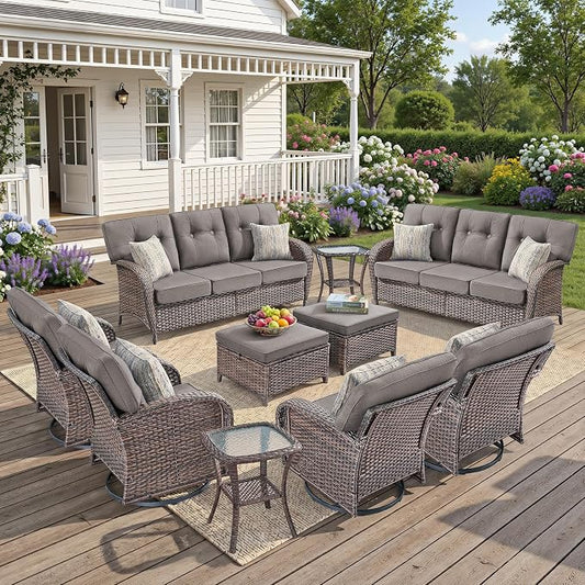 10-Piece Wicker Patio Furniture Set with 5-Inch Thick Cushions Weather Resistant Rattan High Back Swivel Rocker Chairs Senior Friendly Conversation Set for Small Porch Deck Sunroom Brown/Grey